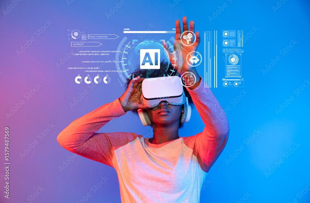 Poster discover a captivating virtual reality scene where a user engages with artificial intelligence throu