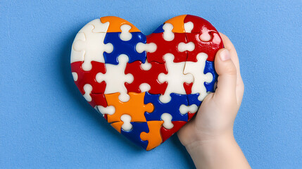Child's Hand Holding Heart Puzzle: Symbol of love, connection, and complex challenges with colorful jigsaw pieces against a blue backdrop.