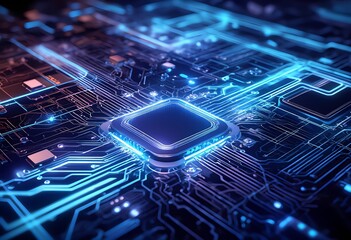A stunning digital artwork showcasing a microchip on a circuit board, celebrating modern technology and innovation