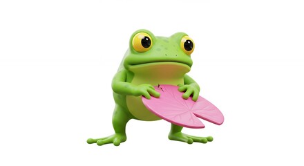 Fototapeta premium Cute cartoon frog holding pink hearts