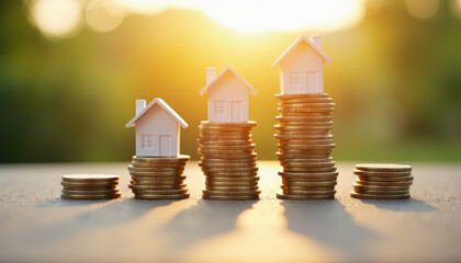 Miniature Houses on Stacks of Coins in a Natural Setting
