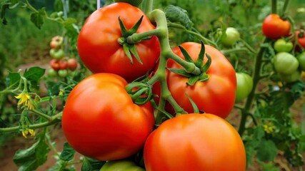 Bright red tomatoes hang from lush green vines as farmers gather fresh produce in a sunny summer field. The atmosphere is lively and filled with the scent of ripe fruit - Powered by Adobe