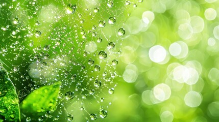 Obraz premium Dew-kissed spiderweb on vibrant foliage