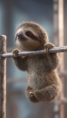 Naklejka premium Adorable Sloth Attempting Pull-Ups on Gym Bar in Photorealistic Image