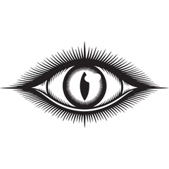 A detailed black and white illustration of an eye with radiating lines on a white background on transparent background