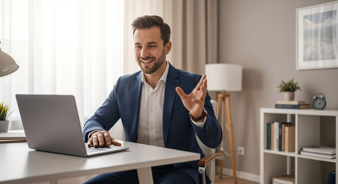 Smiling professional businessman in a blue suit gesturing on a video conference call using a laptop in a modern home office