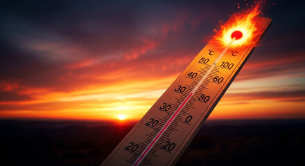A thermometer shows an extremely high temperature with flames, symbolizing intense heat and global warming against a fiery sunset backdrop