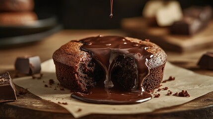 A decadent dessert featuring a fudgy chocolate cake with molten chocolate oozing from the heart.