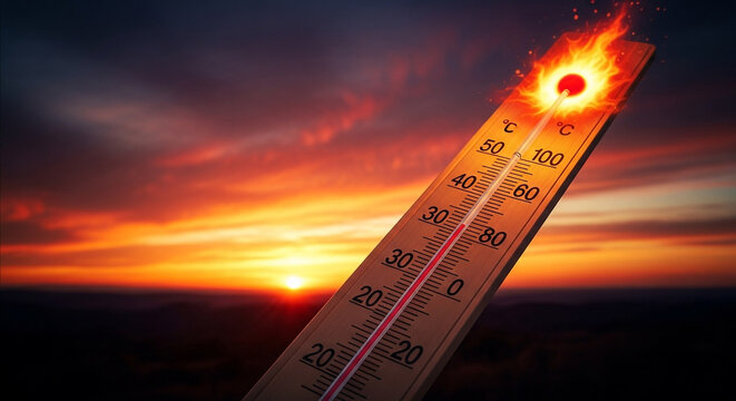 A thermometer shows an extremely high temperature with flames, symbolizing intense heat and global warming against a fiery sunset backdrop