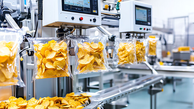 Automated potato chips packaging process in a factory setting. Clear plastic bags being filled and sealed for distribution, showcasing mass food production.