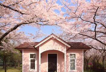 A charming pink house nestled under cherry blossoms in a serene spring setting full of tranquility and beauty