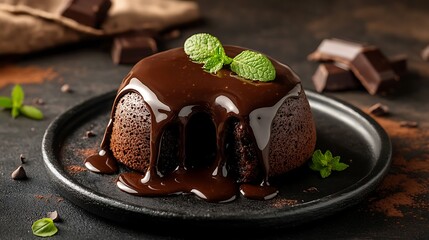 A decadent dessert featuring a fudgy chocolate cake with molten chocolate oozing from the heart.