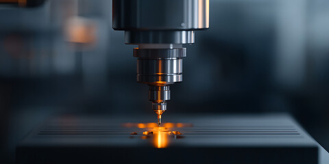 Precision engineering: automated drill in action. Industrial machine crafting details with precision.