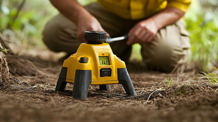 Yellow laser level on the ground with a person kneeling in the b