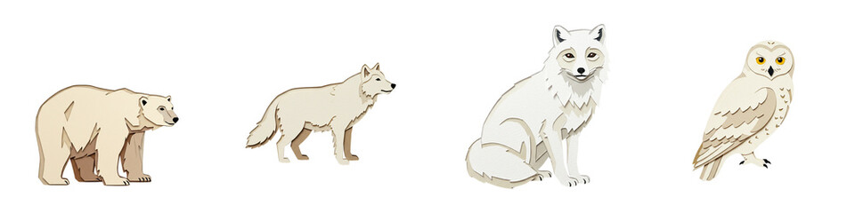 Northern animals set with polar bear, arctic wolf, arctic fox, snowy owl in paper cut applique style on white background