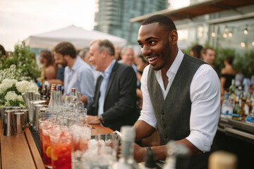 Bartender Crafting Signature Cocktails at Rooftop Party with Laughing Guests