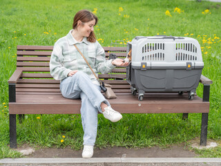 Caucasian woman traveling with dog. Owner sits on bench with Jack Russell Terrier in cage for safe...