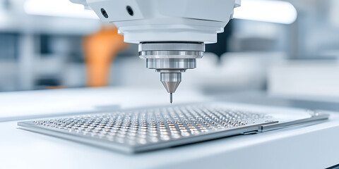 Automated precision: close-up of a coordinate measuring machine probing a metal plate, highlighting industrial accuracy and technological sophistication.
