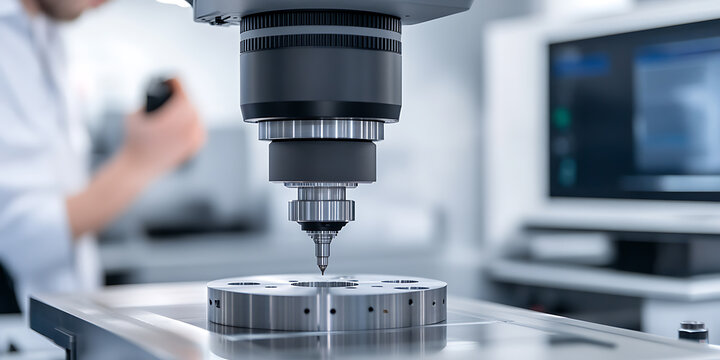 Precision measurement with coordinate measuring machine on metal surface. Quality control, engineering metrology, dimensional measurement in manufacturing.