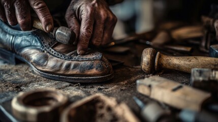 Cobbler's Hands Crafting Leather Shoe with Traditional Tools