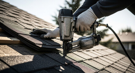 A roofer using a nail gun to install shingles on a roof, showcasing the construction and repair process with professional equipment