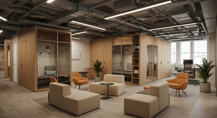 Modern office space featuring modular seating, wooden cubicles, and large windows providing natural light in a contemporary workspace.