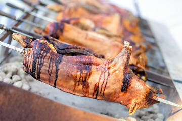 Half of a small pig roasted on a spit on an open fire. Homemade pork grilling over briquettes