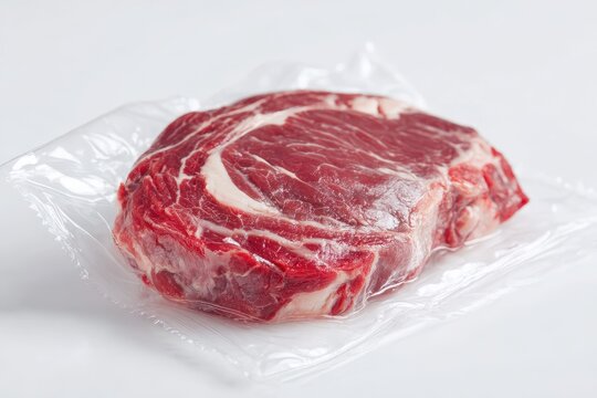 Fresh Ribeye Fillet Vacuum-Packed: Marbled Beef Isolated Against a Crisp White Background