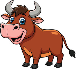 Cartoon bull character, big blue eyes, cute farm animal, smiling livestock, brown furry creature, children's illustration, adorable horned cartoon