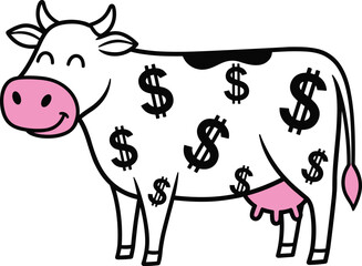 Financial cartoon cow, dollar sign body, pink nose, cute dairy animal, farm wealth symbol, humorous livestock art, economic cartoon illustration