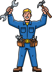 Handyman in blue overalls holding wrench and hammer, tool belt with equipment, repairman cartoon illustration, DIY construction worker character