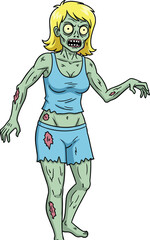 Cartoon zombie girl with green skin and wild hair, vector illustration of undead female, spooky design for Halloween themes