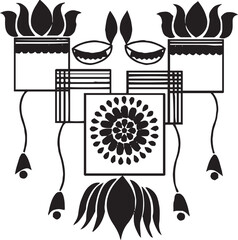 Indian traditional alpona set and cultural Rangoli mandala design concept of floral art isolated on black and white background