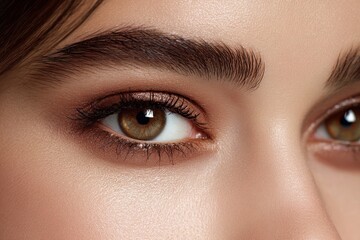 Fototapeta premium Stunning Close-Up of Brown Eyes: Elegant Makeup and Perfect Eyebrows on a Beautiful Woman