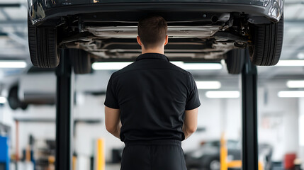 Mechanic inspecting a vehicle lifted on an automotive lift. Maintenance, repair, and safety checks in a service center. Worker in uniform at shop.