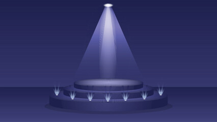 Stylish purple stage podium background featuring central spotlight and glowing lights perfect for product display, events, presentations, and elegant advertising scenes in modern design.