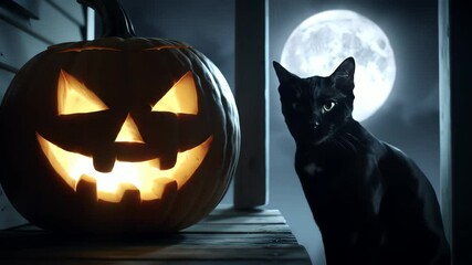 Lit jackolantern next to a black cat against a full moon spooky Halloween scene - Powered by Adobe