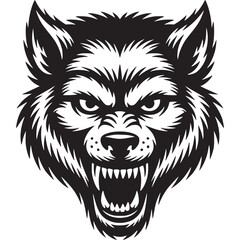 A fierce wolf head with sharp teeth and intense eyes in black and white vector illustration style on transparent background