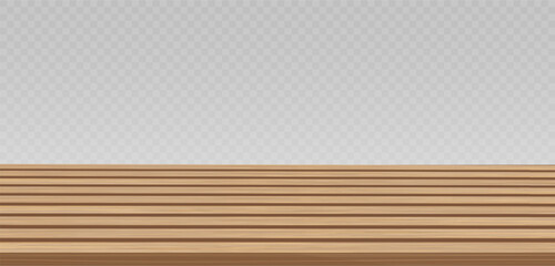 Wood table or floor perspective view, wooden surface of desk, striped timber board. Interior design element on transparent background. Realistic vector illustration