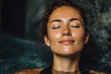 Fototapeta premium Serene Wellness Retreat: Young Woman Embracing Calm and Beauty in a Peaceful Spa Environment