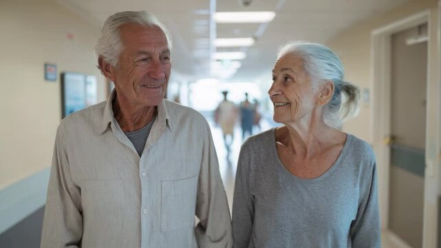 Senior couple walking hospital corridor together smiling confidently.  Elderly patients showing positive healthcare experience. Mature adults navigating medical facility with optimism and support. 