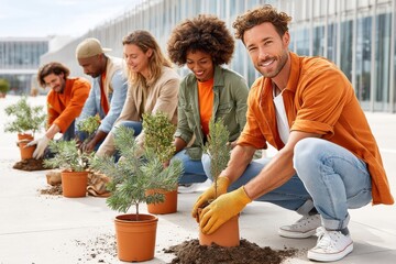 Group of enthusiastic volunteers planting trees in an urban park setting