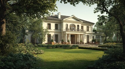 Obraz premium Elegant Mansion Design. Contemporary Architecture Set in Lush Countryside with Expansive Green Lawn