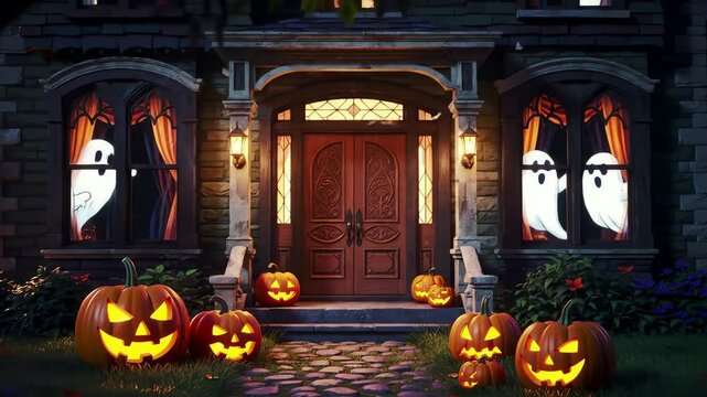 Lit jackolanterns line a stone path to a house with ghost window decor under a portico at twilight