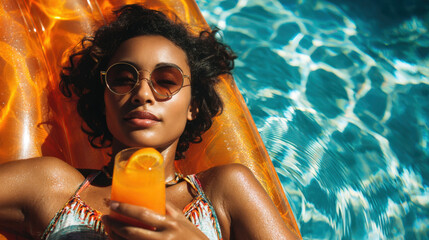 Woman Relaxing on Pool Float with Orange Cocktail in Sunny Summer Scene