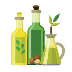 Digital Illustration of Three Olive Oil Bottles – Vector Art Featuring Different Bottle Types for Culinary Design, Organic Food Packaging, Mediterranean Cuisine, and Healthy Living