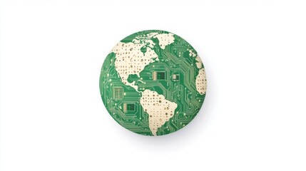 A globe with a green circuit board design, symbolizing technology's impact on the environment and globalization.