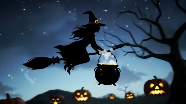 Silhouette of witch on broom cauldron pumpkins stars dark sky Halloween scene