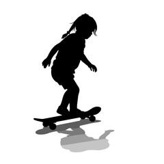 Fototapeta premium Young girl skateboarding in silhouette on white background 