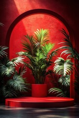 Fototapeta premium Lush green plants displayed in a vibrant red architectural setting